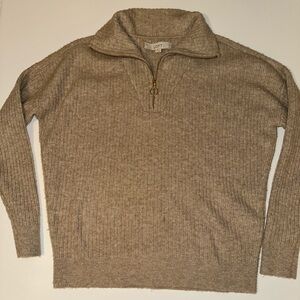 LOFT Women’s Sweater Small Tan Wool Blend 1/4 Zip Pullover Gold Zipper